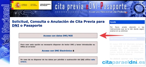Pantalla de acceso con datos DNI o NIE en el sistema oficial de cita previa del Cuerpo Nacional de Policía, con opción de acceso con DNI electrónico