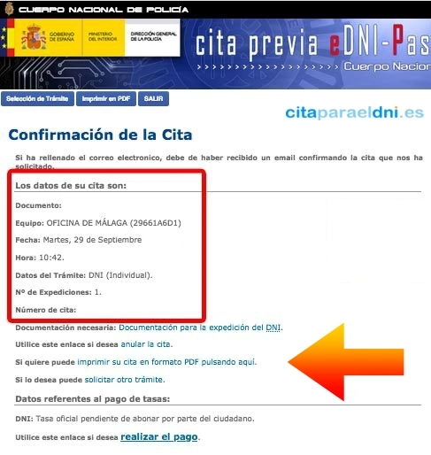 Pantalla de confirmación de la cita de DNI con los datos del trámite, la opción de anularla, imprimirla en PDF o solicitar otro trámite