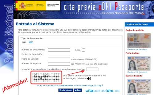 Formulario de entrada al sistema de cita previa con los campos número de documento, equipo de expedición, fecha de validez y número de soporte para DNI o NIE
