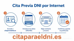 Infografía con los 4 pasos para pedir cita previa de DNI por internet: acceder a citapreviadnie.es, introducir datos, elegir comisaría y horario, y confirmar la cita
