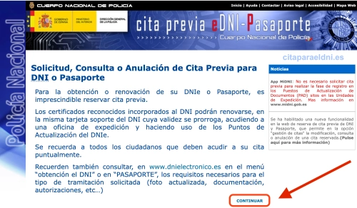 Pantalla de inicio del sistema de cita previa para DNI y Pasaporte del Cuerpo Nacional de Policía