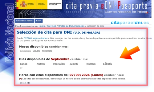 Pantalla para elegir mes, día y hora de la cita de DNI, con las franjas horarias disponibles marcadas en la fecha seleccionada
