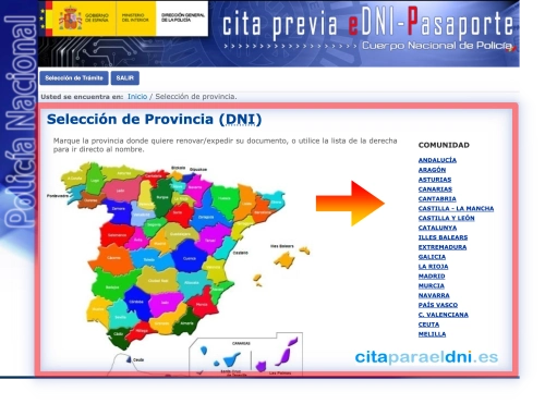 Mapa de España con las provincias para elegir dónde tramitar el DNI, junto al listado de comunidades autónomas