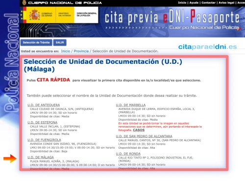 Listado de Unidades de Documentación con dirección, horario y nivel de disponibilidad de citas para tramitar el DNI