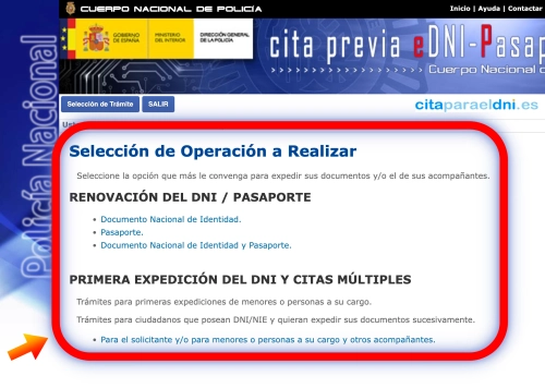 Selección del tipo de cita: DNI, Pasaporte, DNI por Primera Vez o cita multiple Pantalla de selección de operación con las opciones de renovación de DNI, Pasaporte, o ambos, y primera expedición con citas múltiples